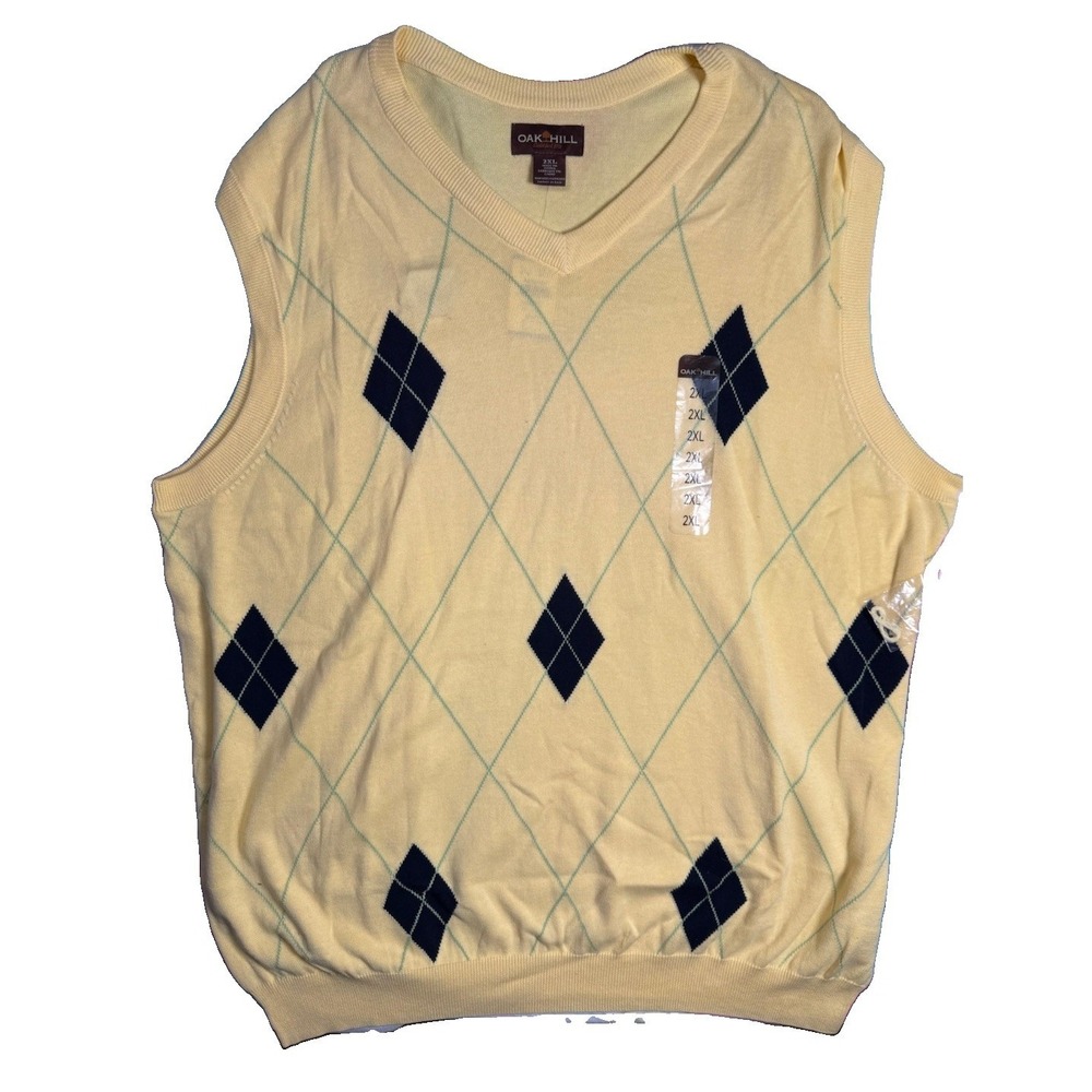 Oak‎ Hill Sweater Vest Mens 2XL Yellow Argyle Golf Casual 100% Cotton NWT